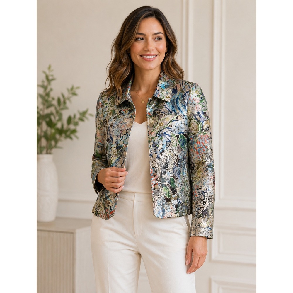 Erin London Metallic Floral Jacket Gold Blue Green Shimmer Blazer Large L